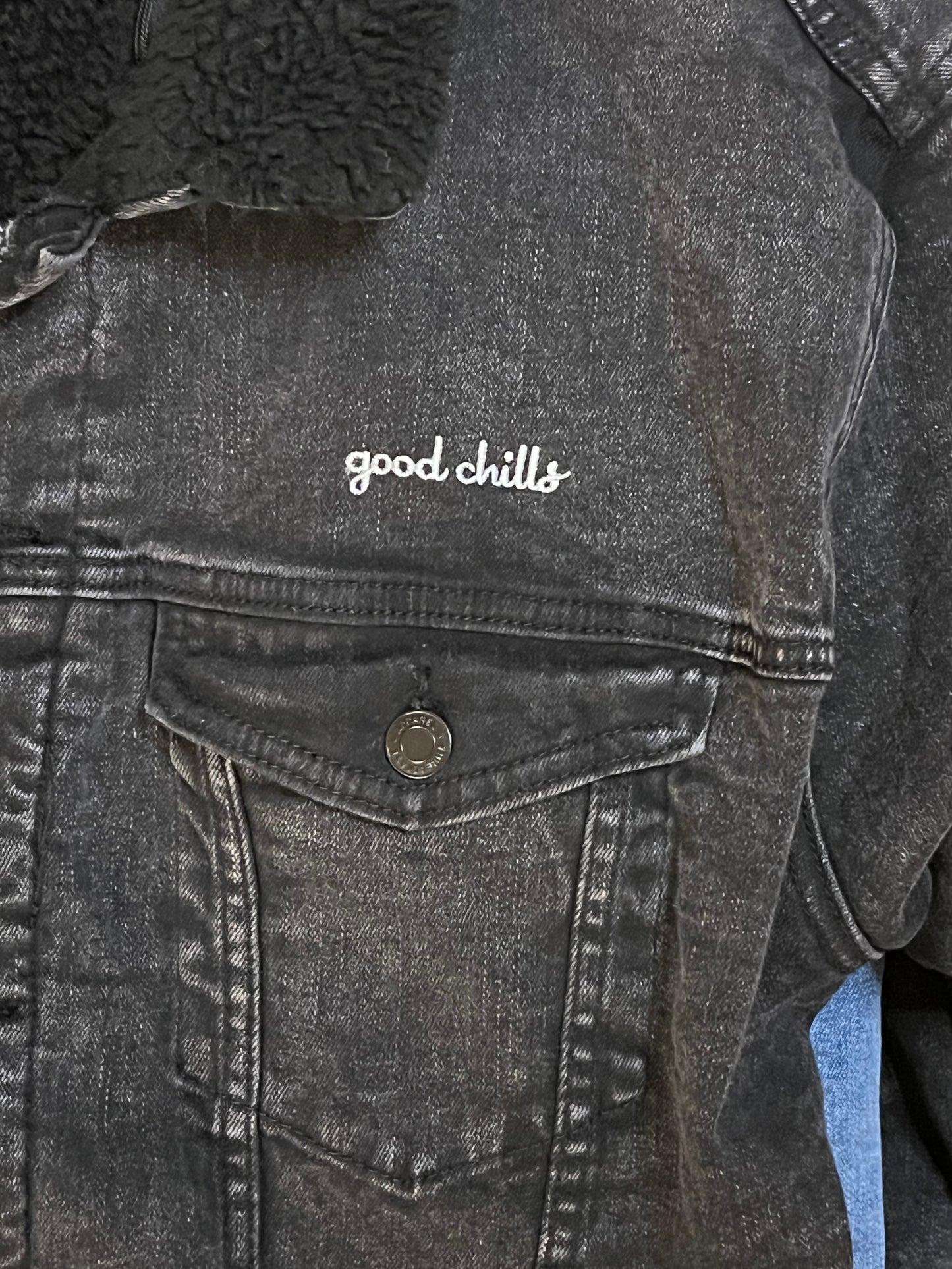I LOVE YAH! - Red Heart Eye - Embroidered on Black Denim Sherpa Jacket (one of ONE) - FREE SHIPPING