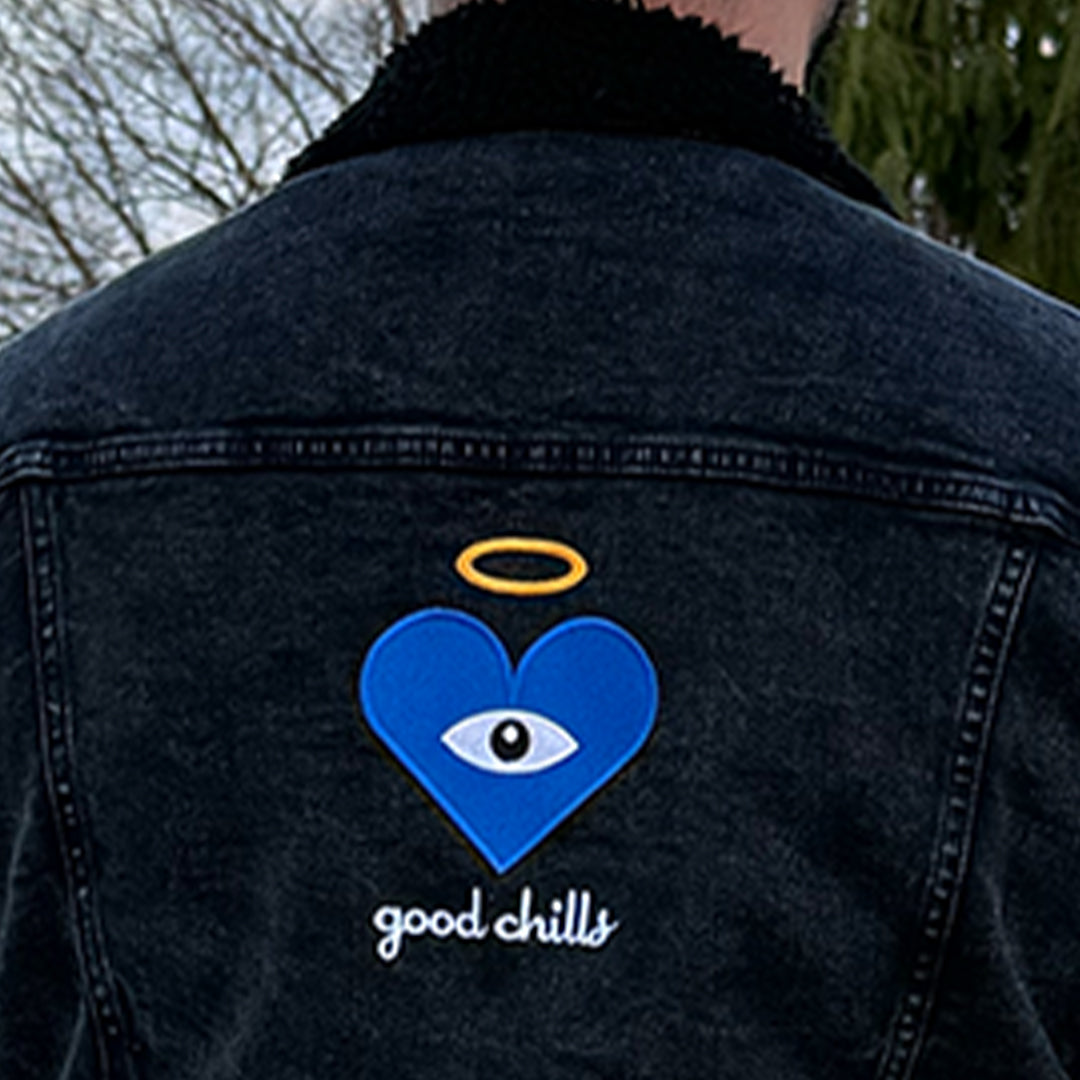 "good chills" - Blue Heart Eye - Embroidered on Black Denim Sherpa Jacket (one of ONE) - FREE SHIPPING