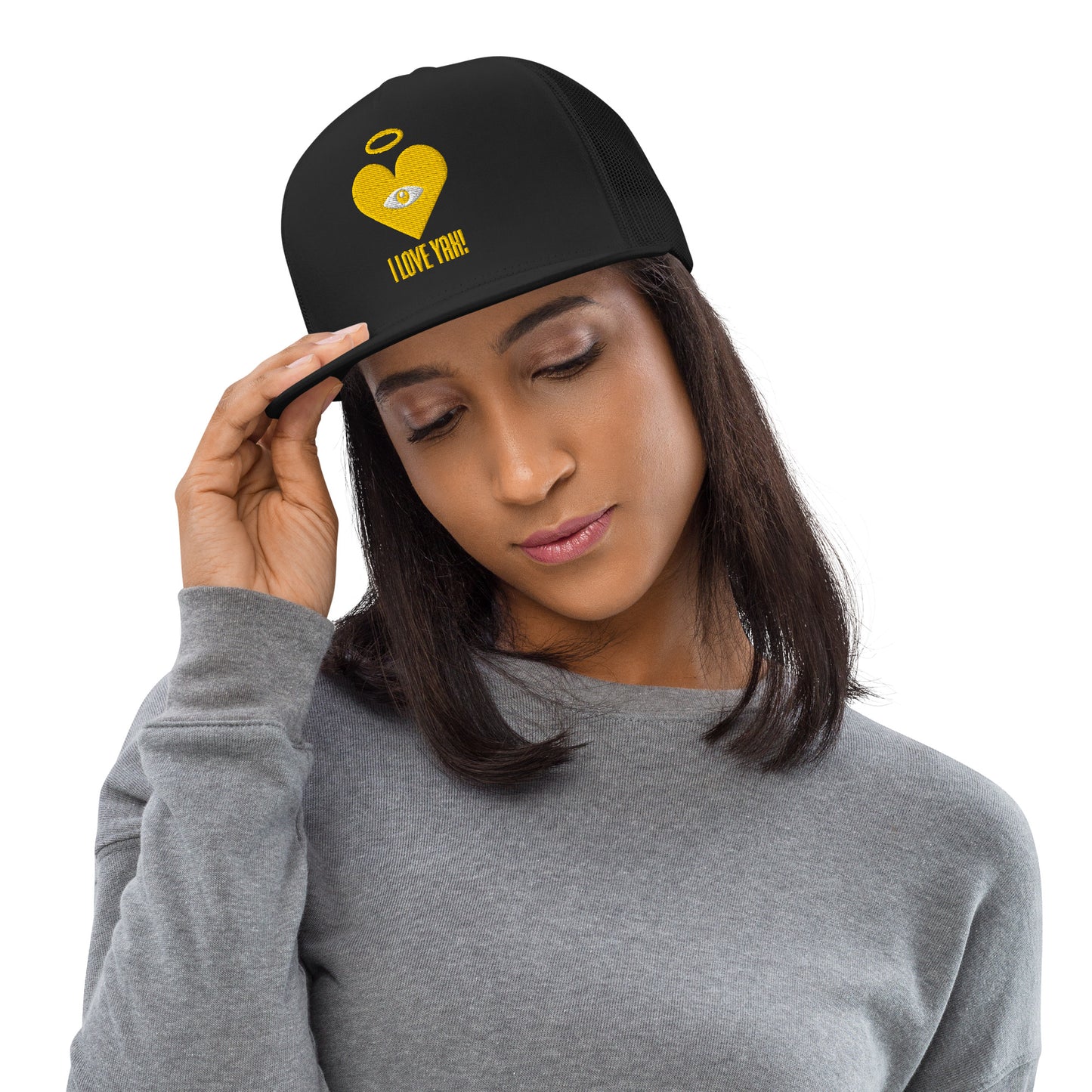 I LOVE YAH! Monochrome Gold Heart-Eye [Embroidered] Trucker Hats