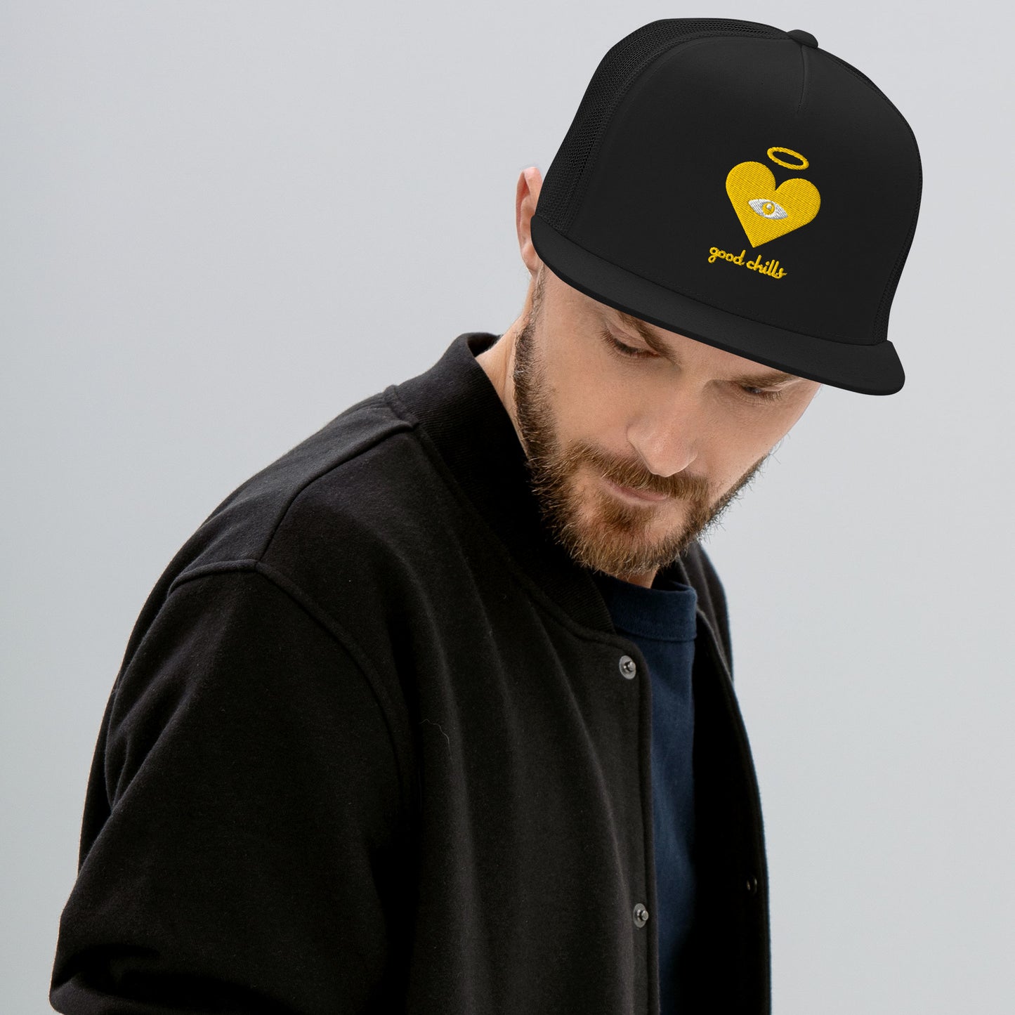 "good chills" Monochrome Gold Heart-Eye [Embroidered] Trucker Hats