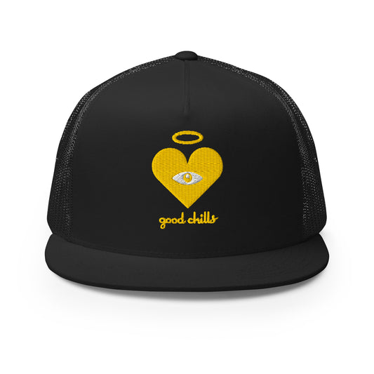 "good chills" Monochrome Gold Heart-Eye [Embroidered] Trucker Hats