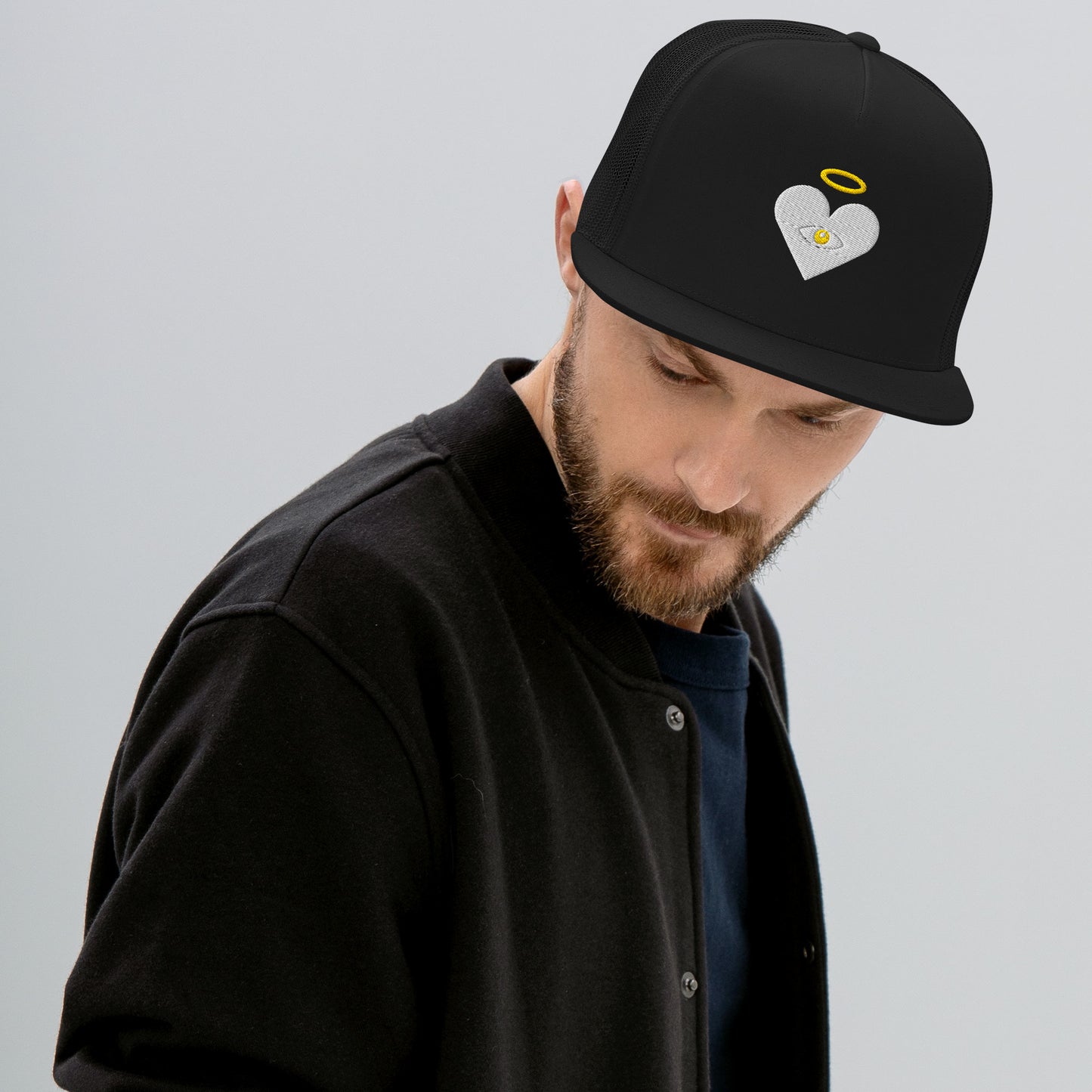 Cloud x Gold Heart-Eye [Embroidered] Black Trucker Hat