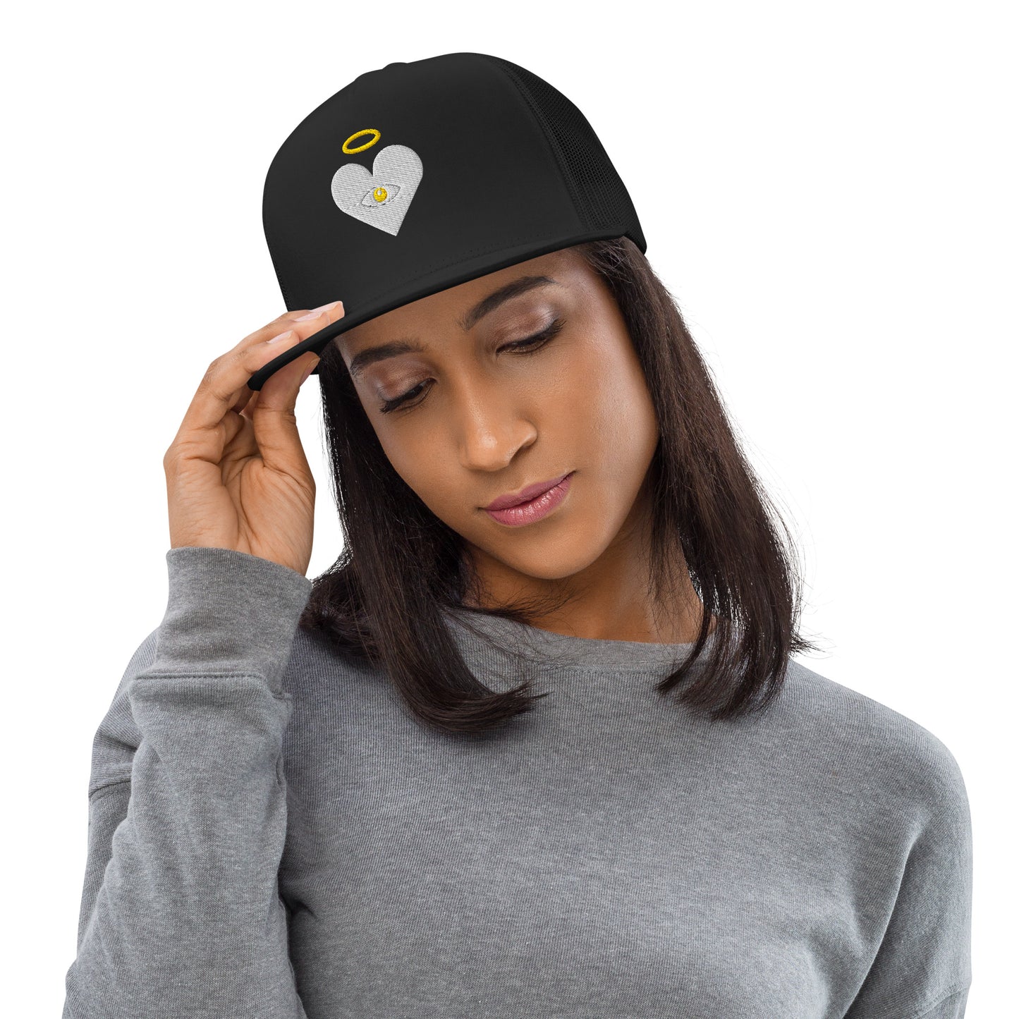 Cloud x Gold Heart-Eye [Embroidered] Black Trucker Hat