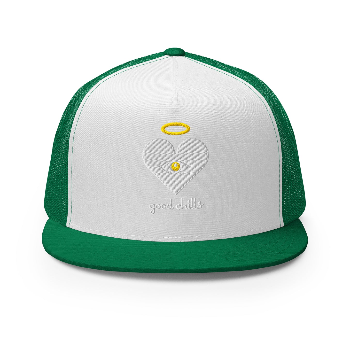 "good chills" Cloud x Gold Heart-Eye, Light on White [Embroidered] Trucker Hats