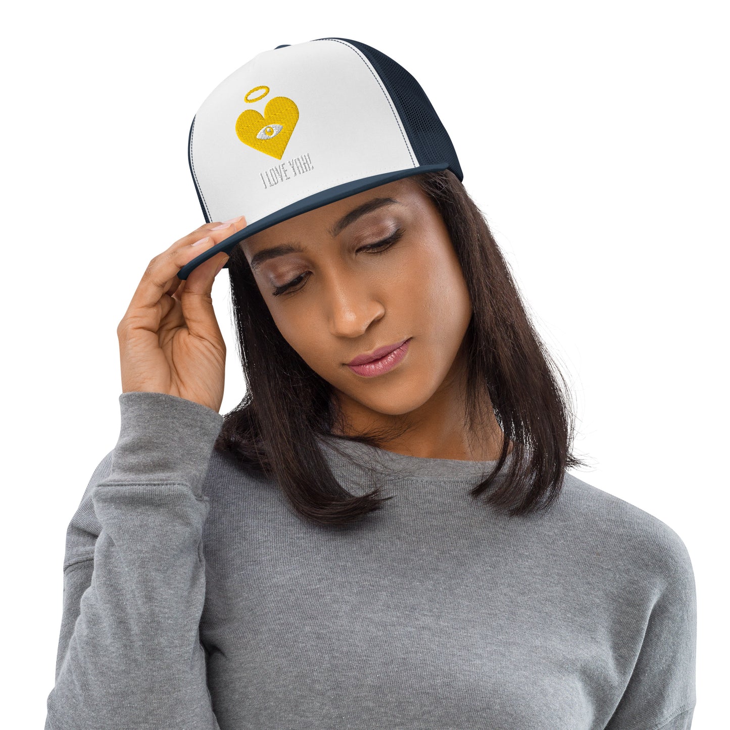 I LOVE YAH! Gold Heart-Eye [Embroidered] Trucker Hats With Cloud Text