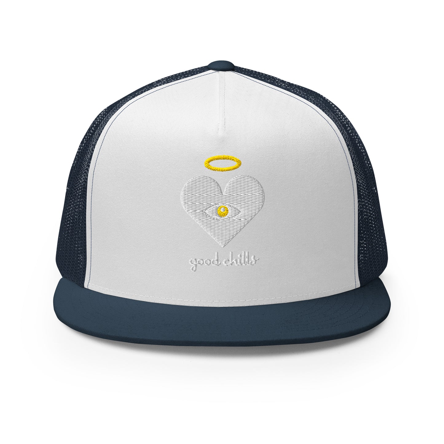 "good chills" Cloud x Gold Heart-Eye, Light on White [Embroidered] Trucker Hats