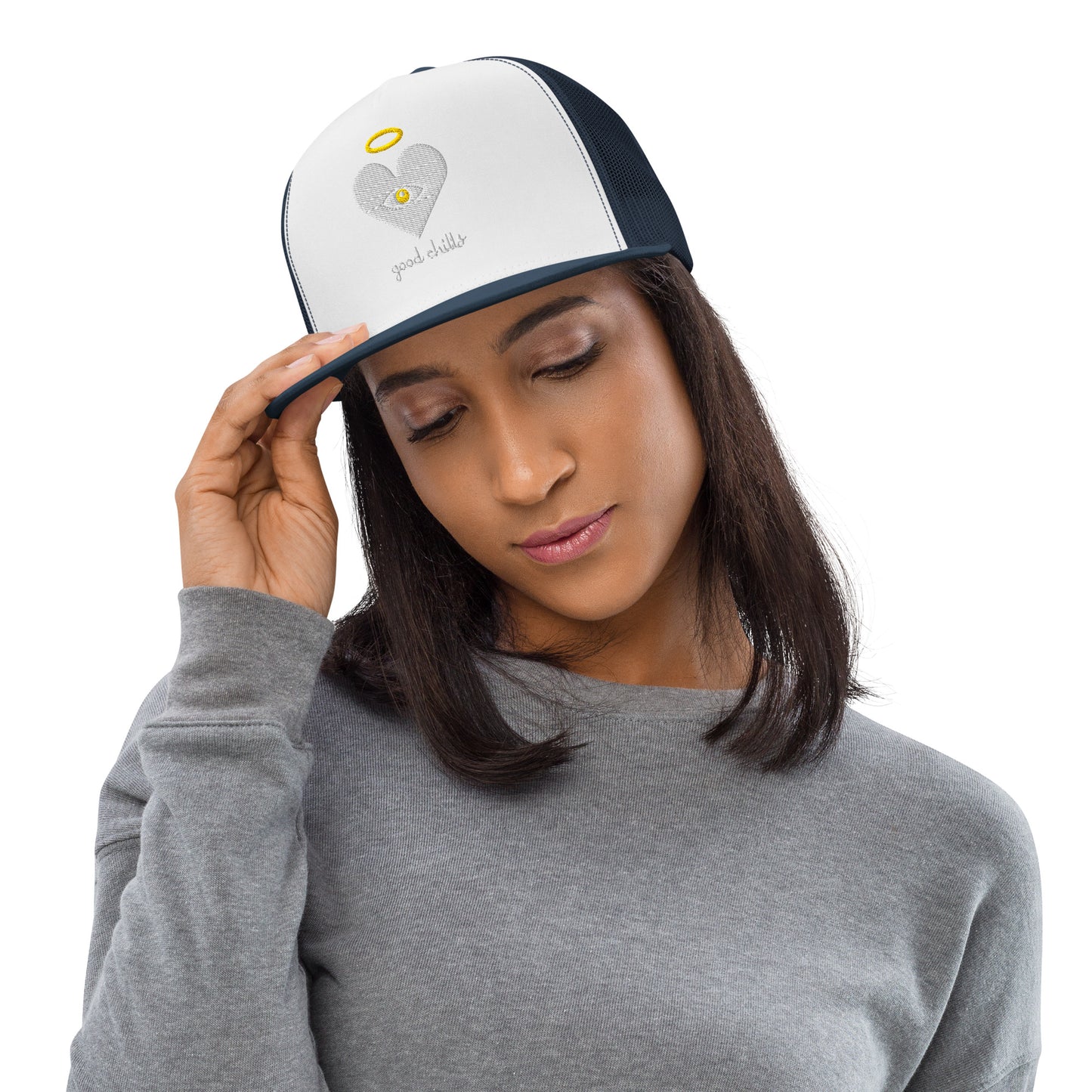 "good chills" Cloud x Gold Heart-Eye, Light on White [Embroidered] Trucker Hats