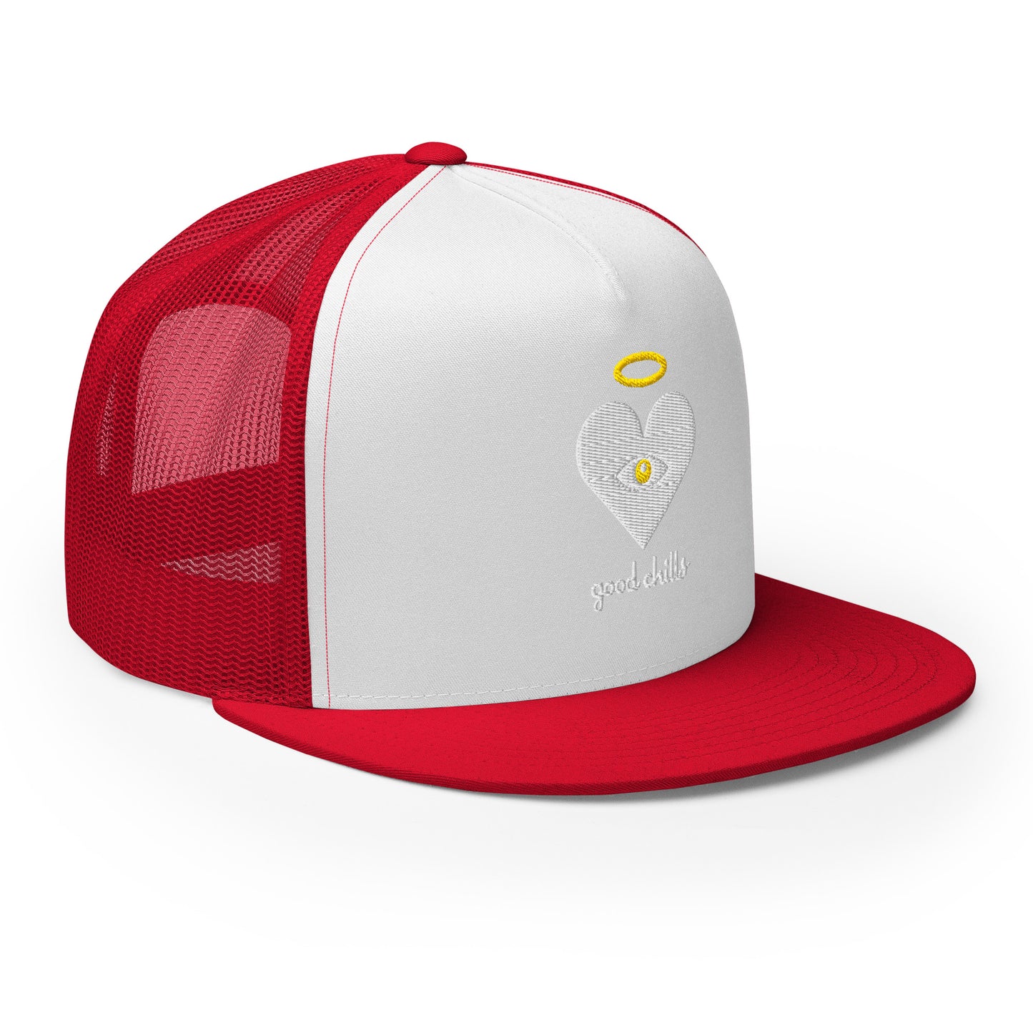 "good chills" Cloud x Gold Heart-Eye, Light on White [Embroidered] Trucker Hats