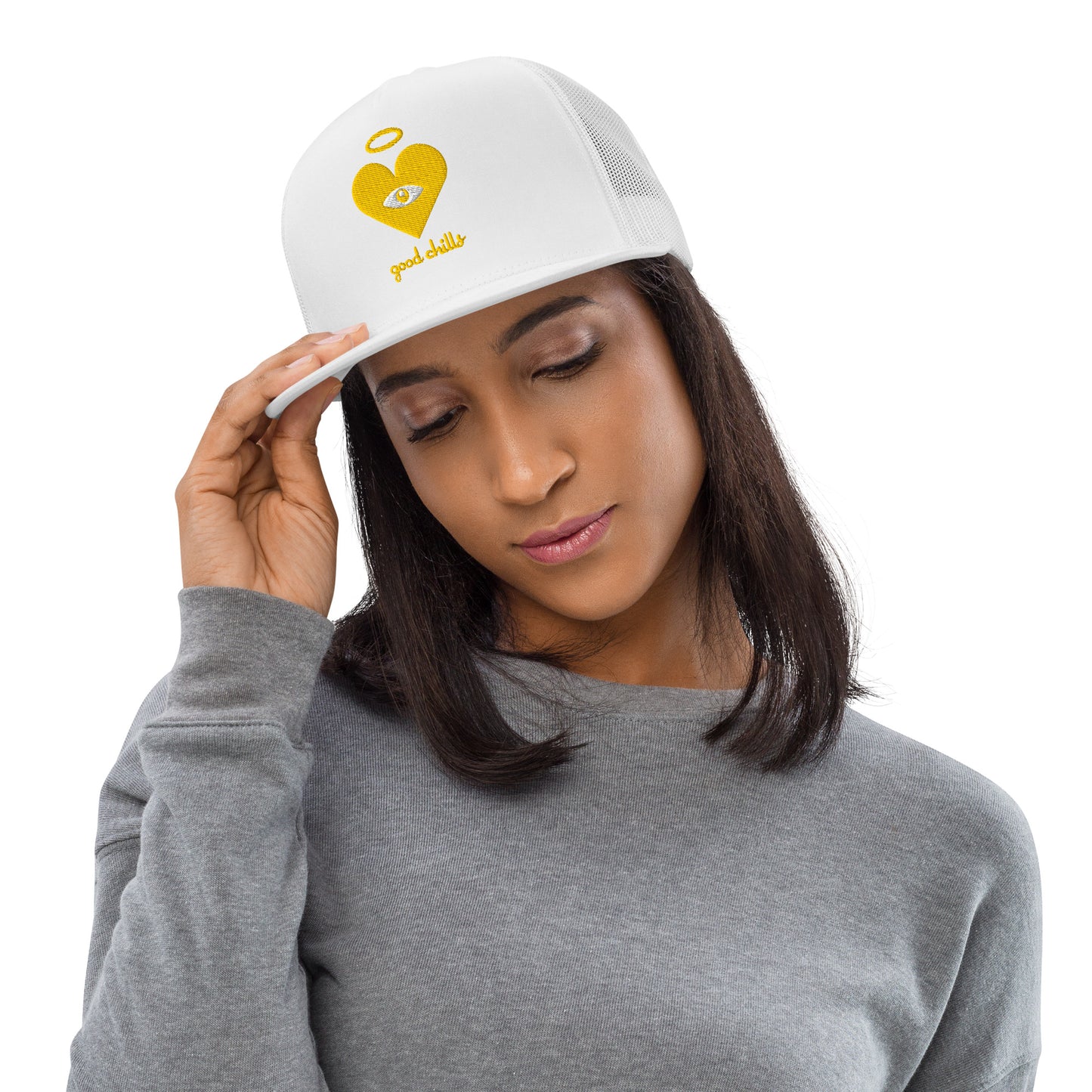 "good chills" Monochrome Gold Heart-Eye [Embroidered] Trucker Hats