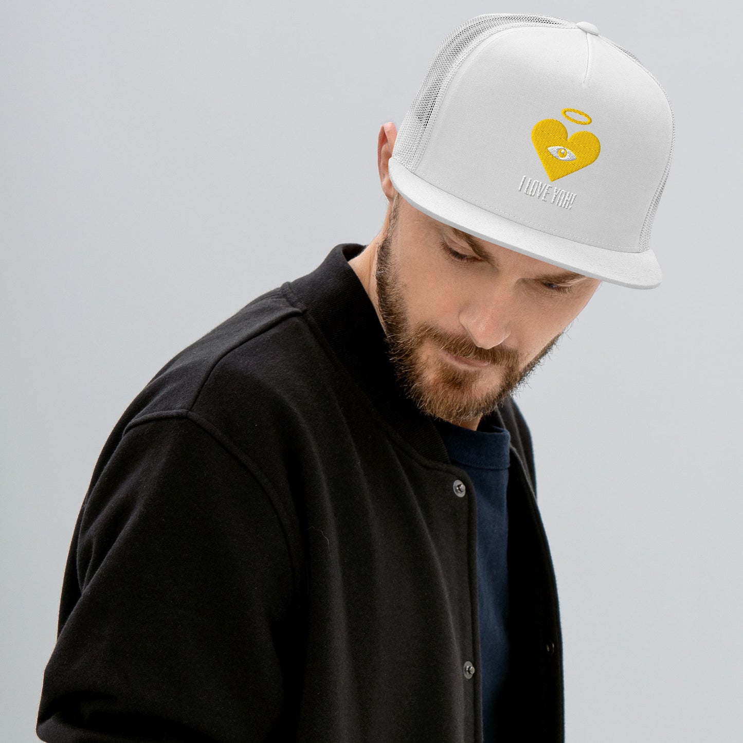 I LOVE YAH! Gold Heart-Eye [Embroidered] Trucker Hats With Cloud Text