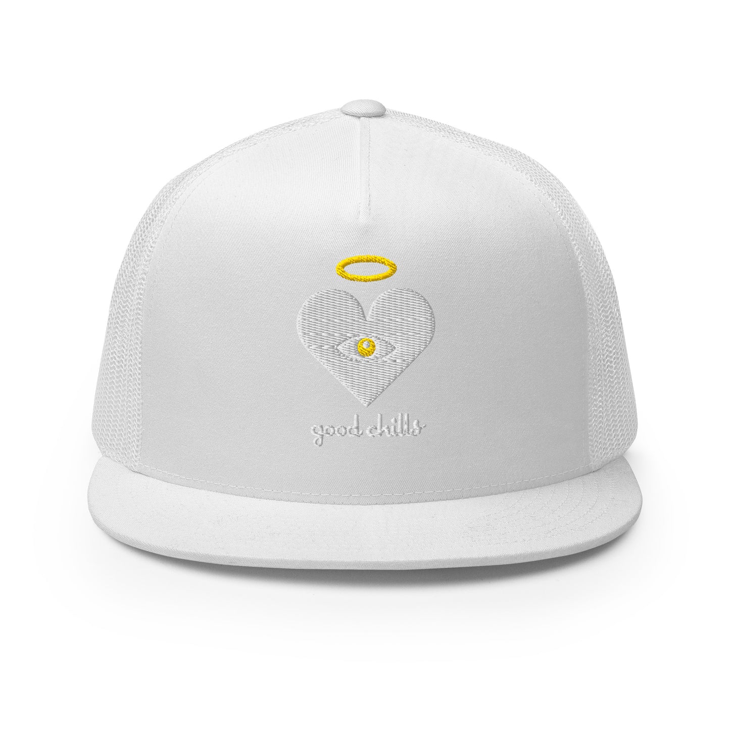 "good chills" Cloud x Gold Heart-Eye, Light on White [Embroidered] Trucker Hats