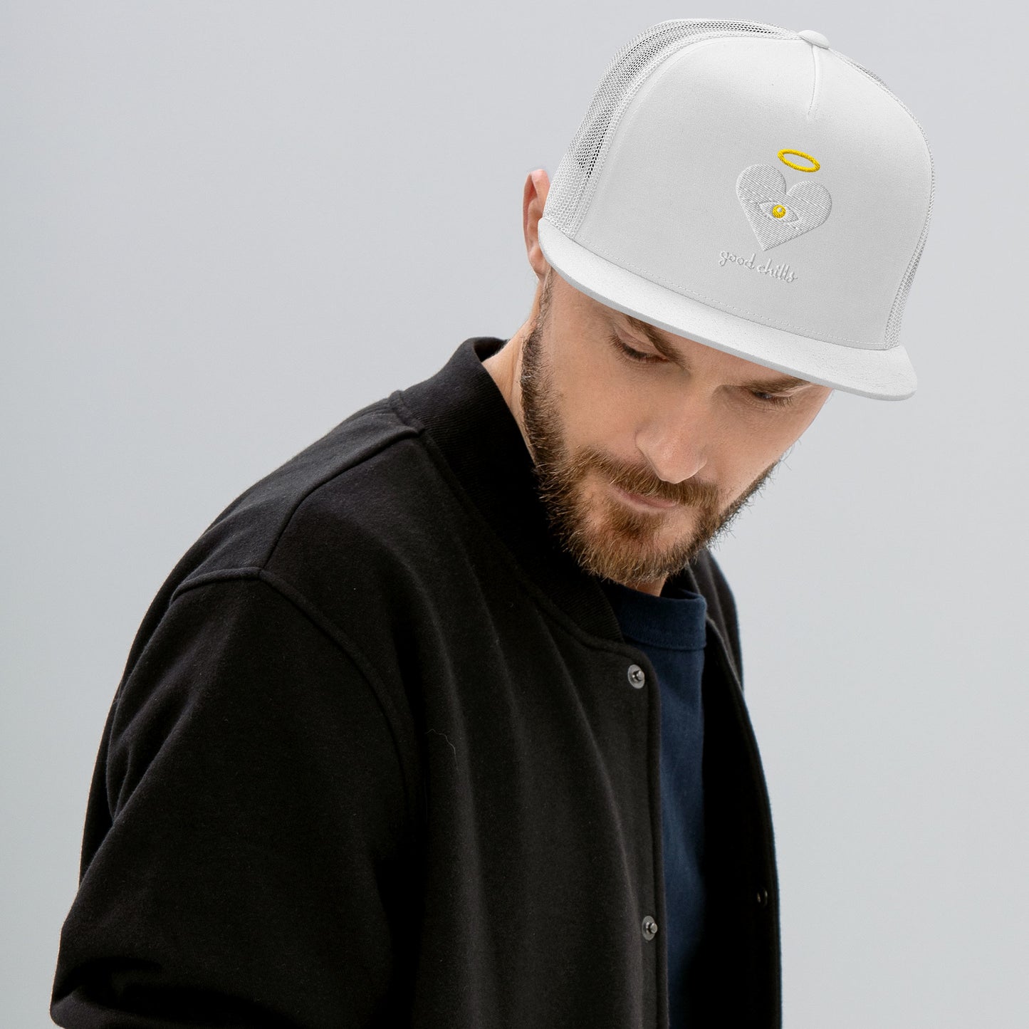 "good chills" Cloud x Gold Heart-Eye, Light on White [Embroidered] Trucker Hats