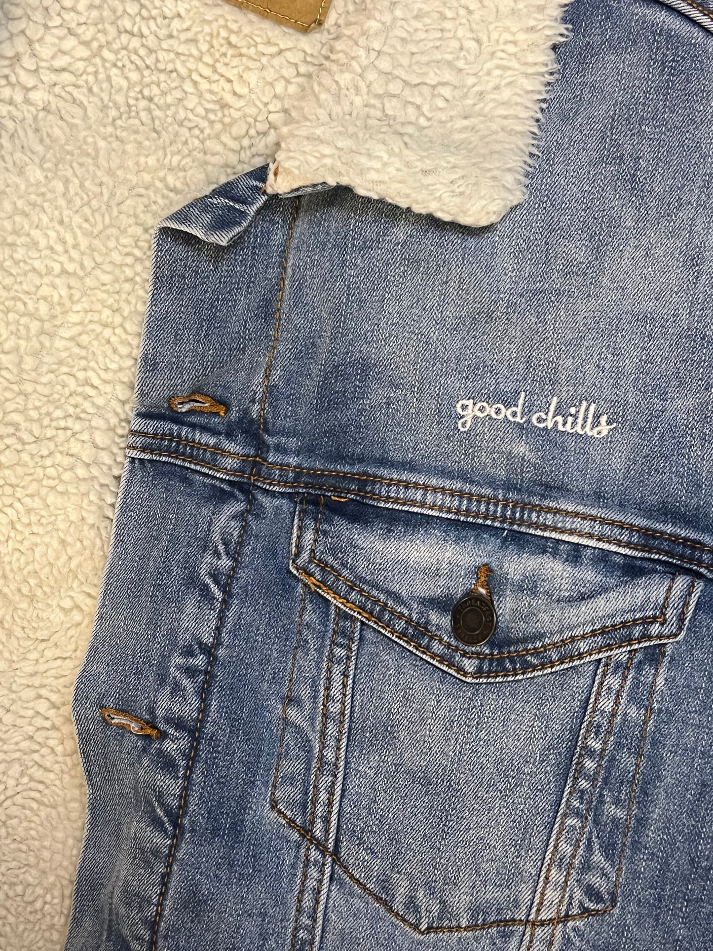 "good chills" - Blue Heart Eye - Embroidered on Blue Denim Sherpa Jacket (one of ONE) - FREE SHIPPING