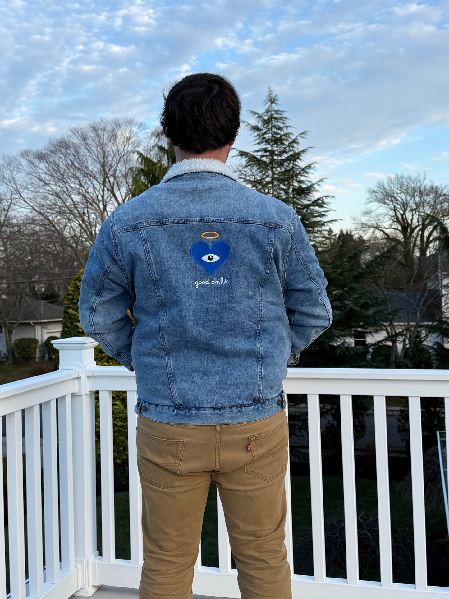 "good chills" - Blue Heart Eye - Embroidered on Blue Denim Sherpa Jacket (one of ONE) - FREE SHIPPING