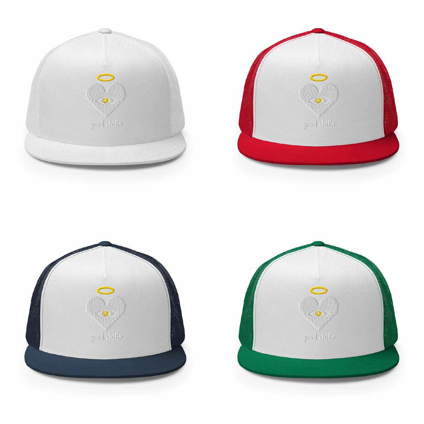 "good chills" Cloud x Gold Heart-Eye, Light on White [Embroidered] Trucker Hats