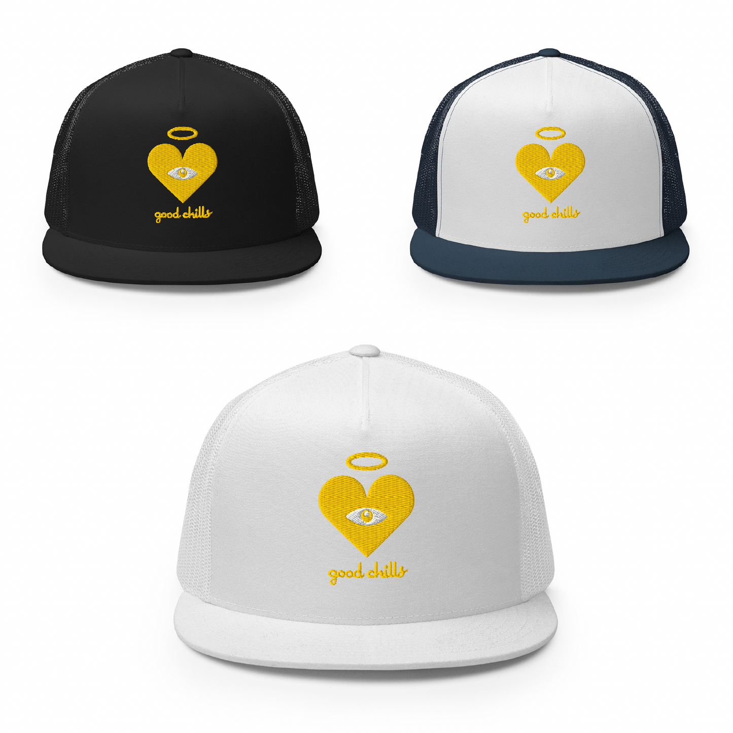 "good chills" Monochrome Gold Heart-Eye [Embroidered] Trucker Hats