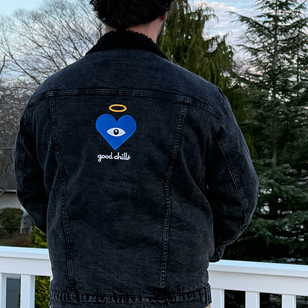 "good chills" - Blue Heart Eye - Embroidered on Black Denim Sherpa Jacket (one of ONE) - FREE SHIPPING