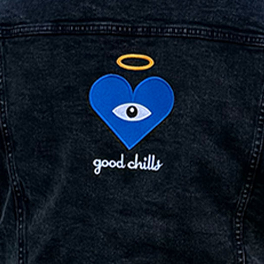 "good chills" - Blue Heart Eye - Embroidered on Black Denim Sherpa Jacket (one of ONE) - FREE SHIPPING