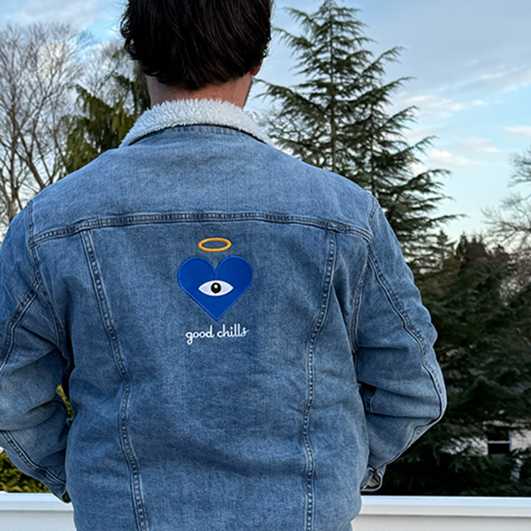 "good chills" - Blue Heart Eye - Embroidered on Blue Denim Sherpa Jacket (one of ONE) - FREE SHIPPING