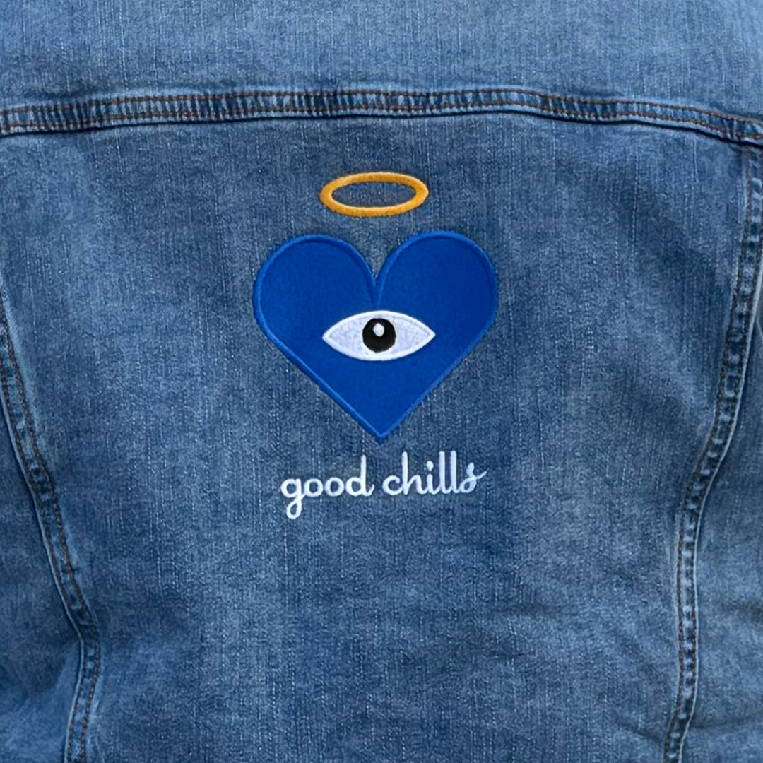 "good chills" - Blue Heart Eye - Embroidered on Blue Denim Sherpa Jacket (one of ONE) - FREE SHIPPING