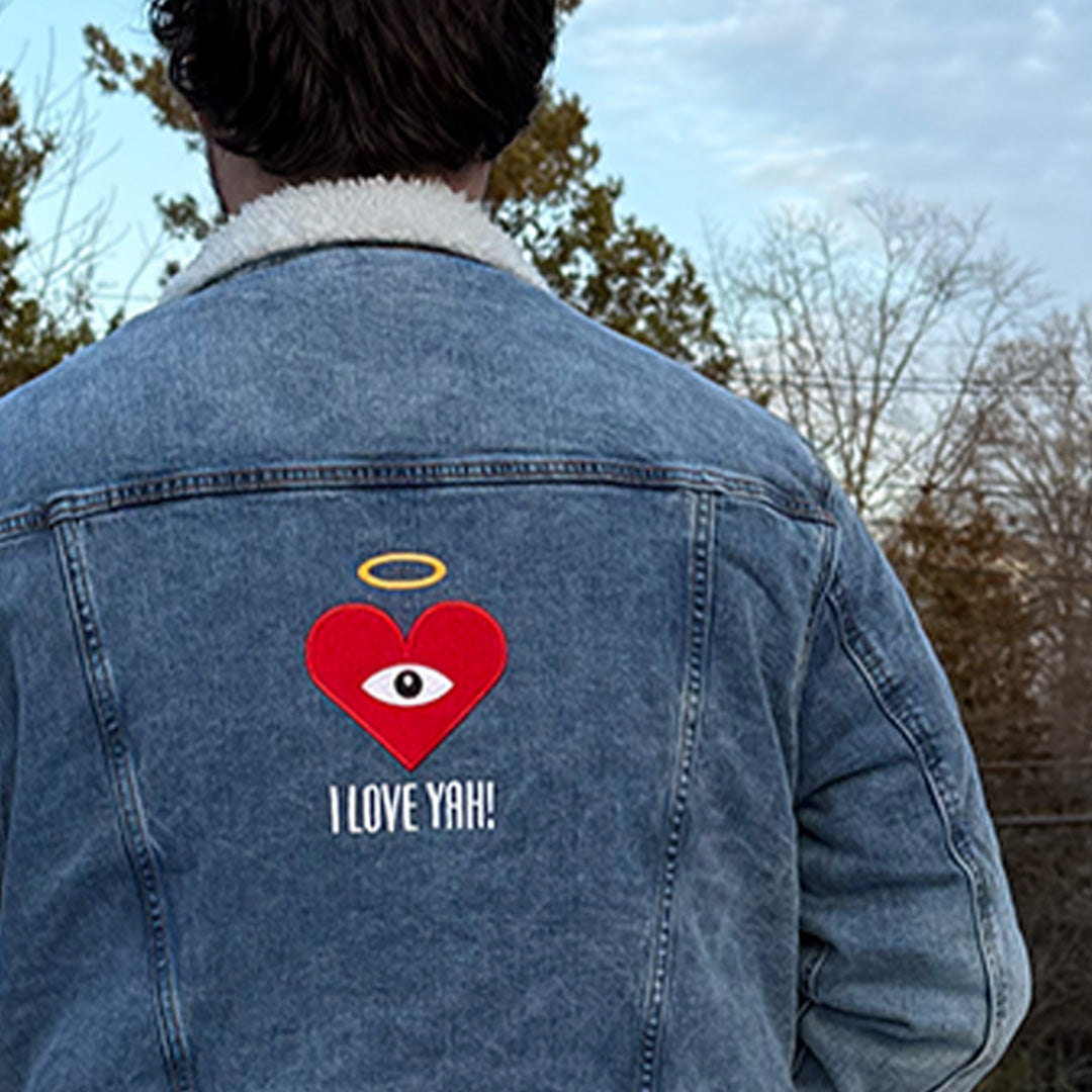 *RESERVED* I LOVE YAH! - Red Heart Eye - Embroidered on Blue Denim Sherpa Jacket (one of ONE) - FREE SHIPPING