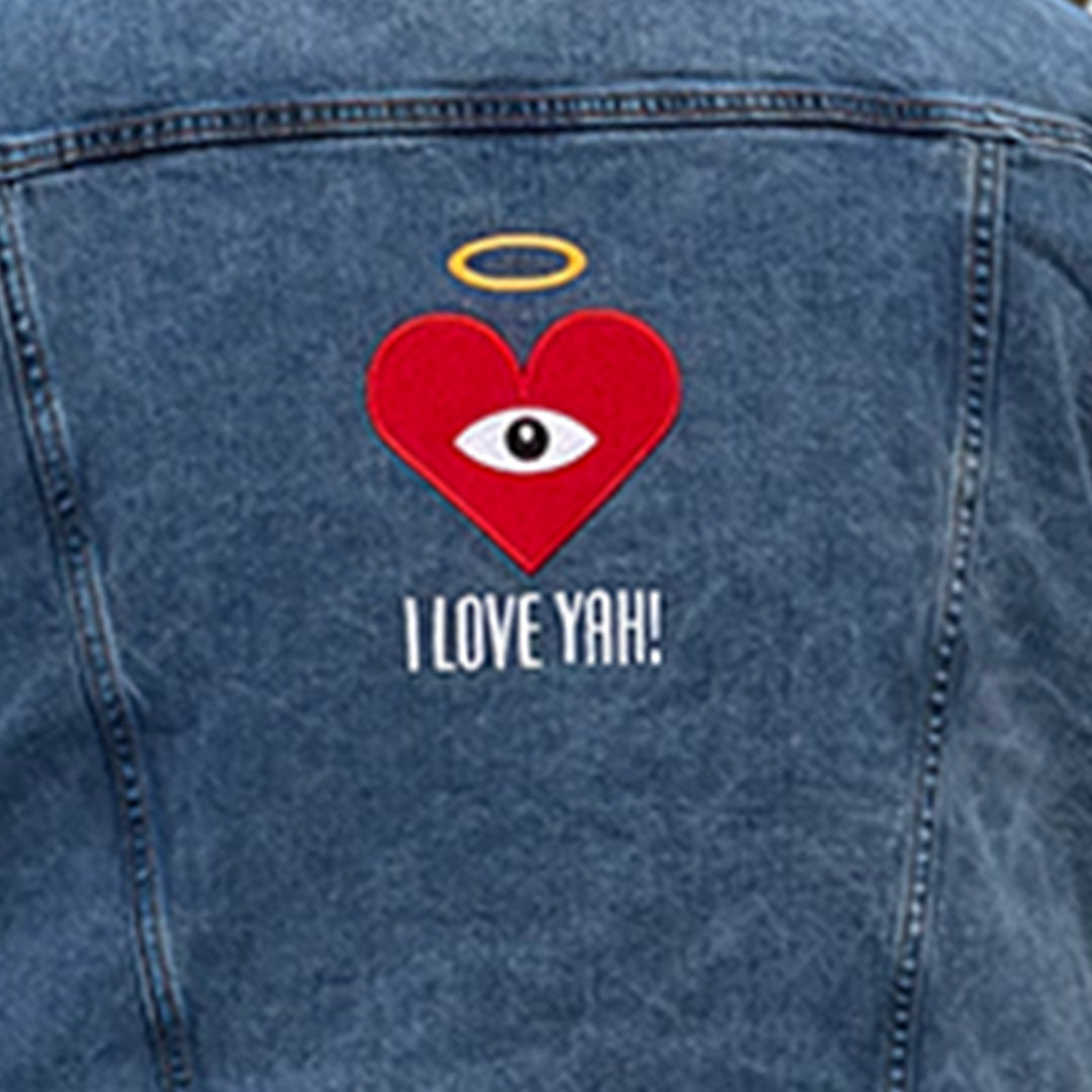 *RESERVED* I LOVE YAH! - Red Heart Eye - Embroidered on Blue Denim Sherpa Jacket (one of ONE) - FREE SHIPPING