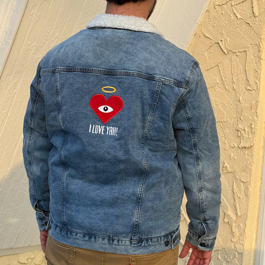 *RESERVED* I LOVE YAH! - Red Heart Eye - Embroidered on Blue Denim Sherpa Jacket (one of ONE) - FREE SHIPPING