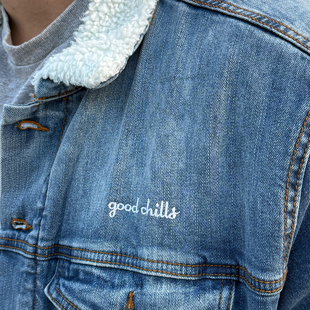 "good chills" - Blue Heart Eye - Embroidered on Blue Denim Sherpa Jacket (one of ONE) - FREE SHIPPING