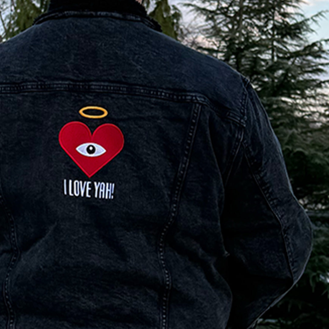 I LOVE YAH! - Red Heart Eye - Embroidered on Black Denim Sherpa Jacket (one of ONE) - FREE SHIPPING