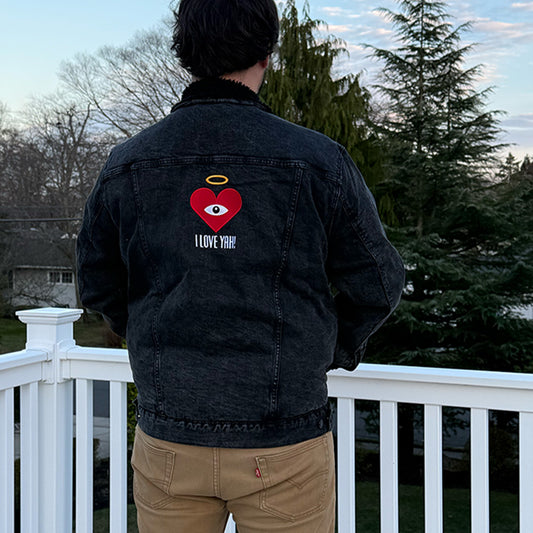I LOVE YAH! - Red Heart Eye - Embroidered on Black Denim Sherpa Jacket (one of ONE) - FREE SHIPPING