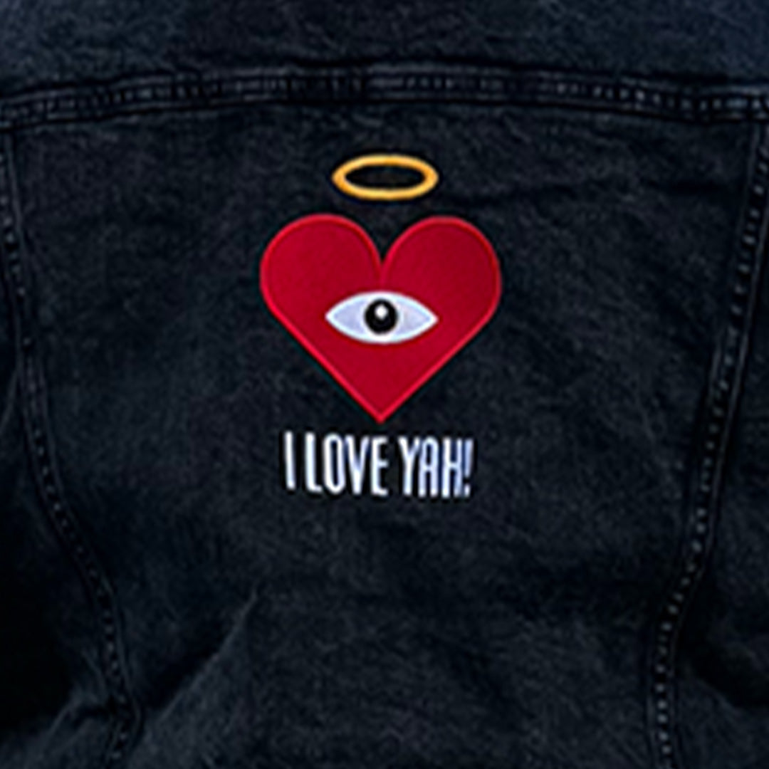I LOVE YAH! - Red Heart Eye - Embroidered on Black Denim Sherpa Jacket (one of ONE) - FREE SHIPPING