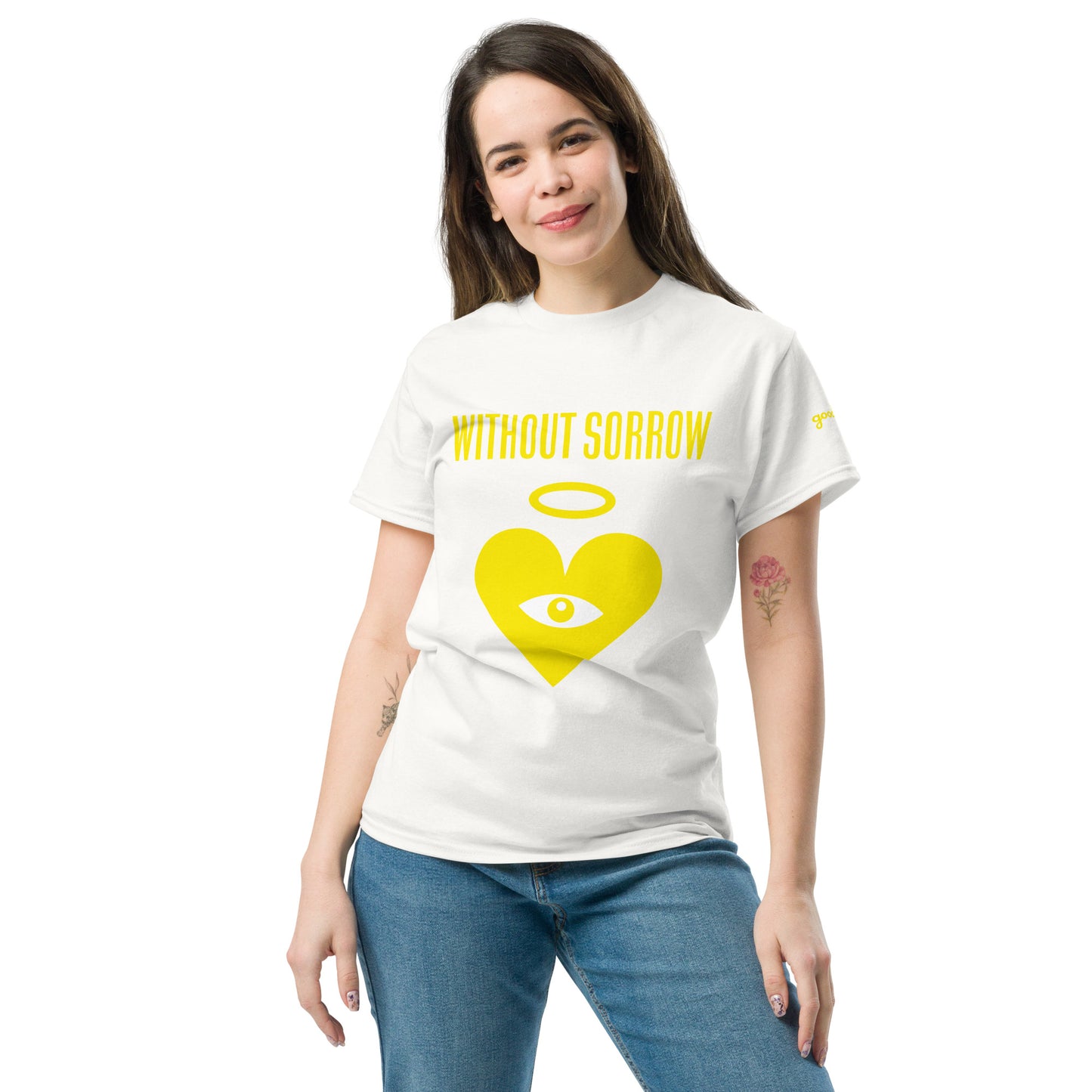 WITHOUT SORROW Monochrome Gold Heart-Eye White Tee